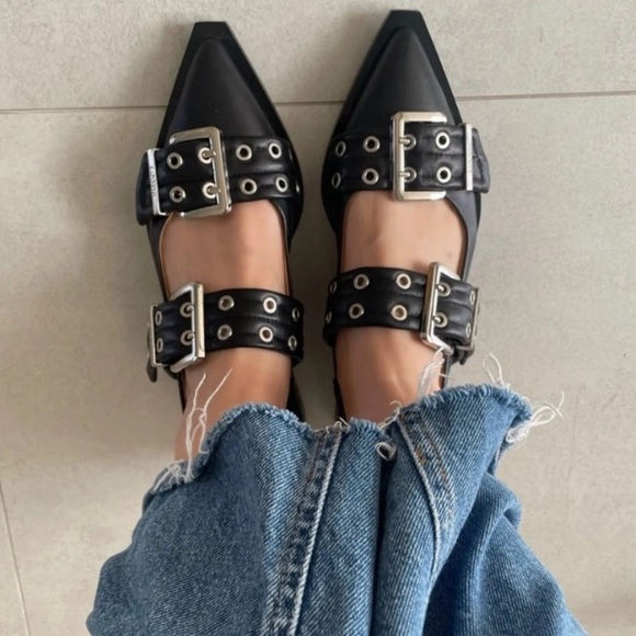 New Double Buckle Ballet Flats Silver NWT Black Slip On Pointed Toe Faux Leather - Picture 5 of 16